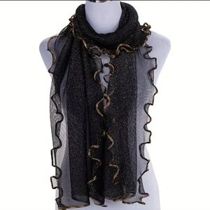 Scarf Black With Gold Sparkles and Gold Ruffle Edge